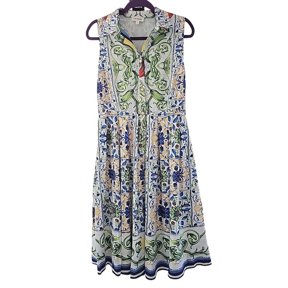 Pink Ripple Dresses & Skirts - Pink Ripple Womens Blue Yellow Tile Floral Print Belted Sleeveless Midi Dress L